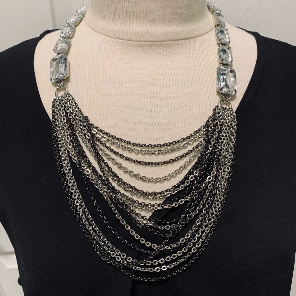 Chico’s Necklace, Glass Crystals,Silver-tone,  Black Chain Cluster